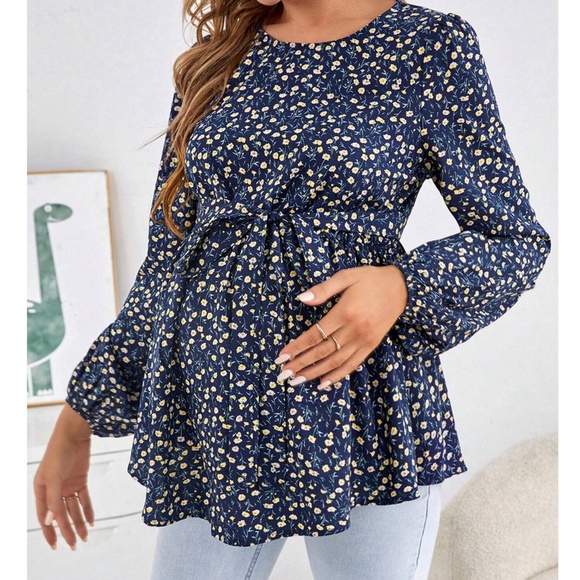 Maternity Floral Print Belted Long Sleeve Blouse - Picture 1 of 9